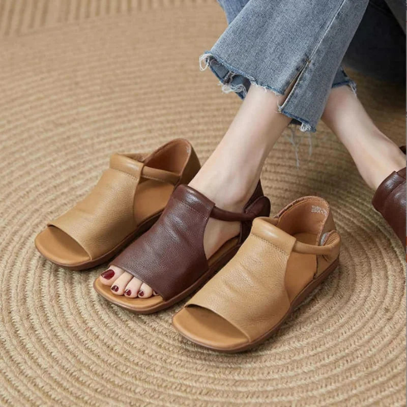 Women's Hook & Loop Flat Sandals Summer - Open-Toe Casual Beach Shoes, Comfortable Soft Sole Walking Sandals for Daily & Vacation