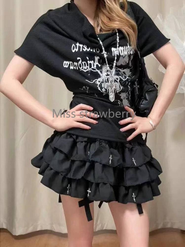 Summer Gothic Slim Black Print T-Shirts Women Hot Girl Y2k New Short Sleeve Tees Female High Street Retro Aesthetic Clothing