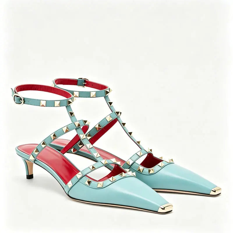 Studded High Heel Sandals – T-Strap Pointed Toe Stiletto Party Heels