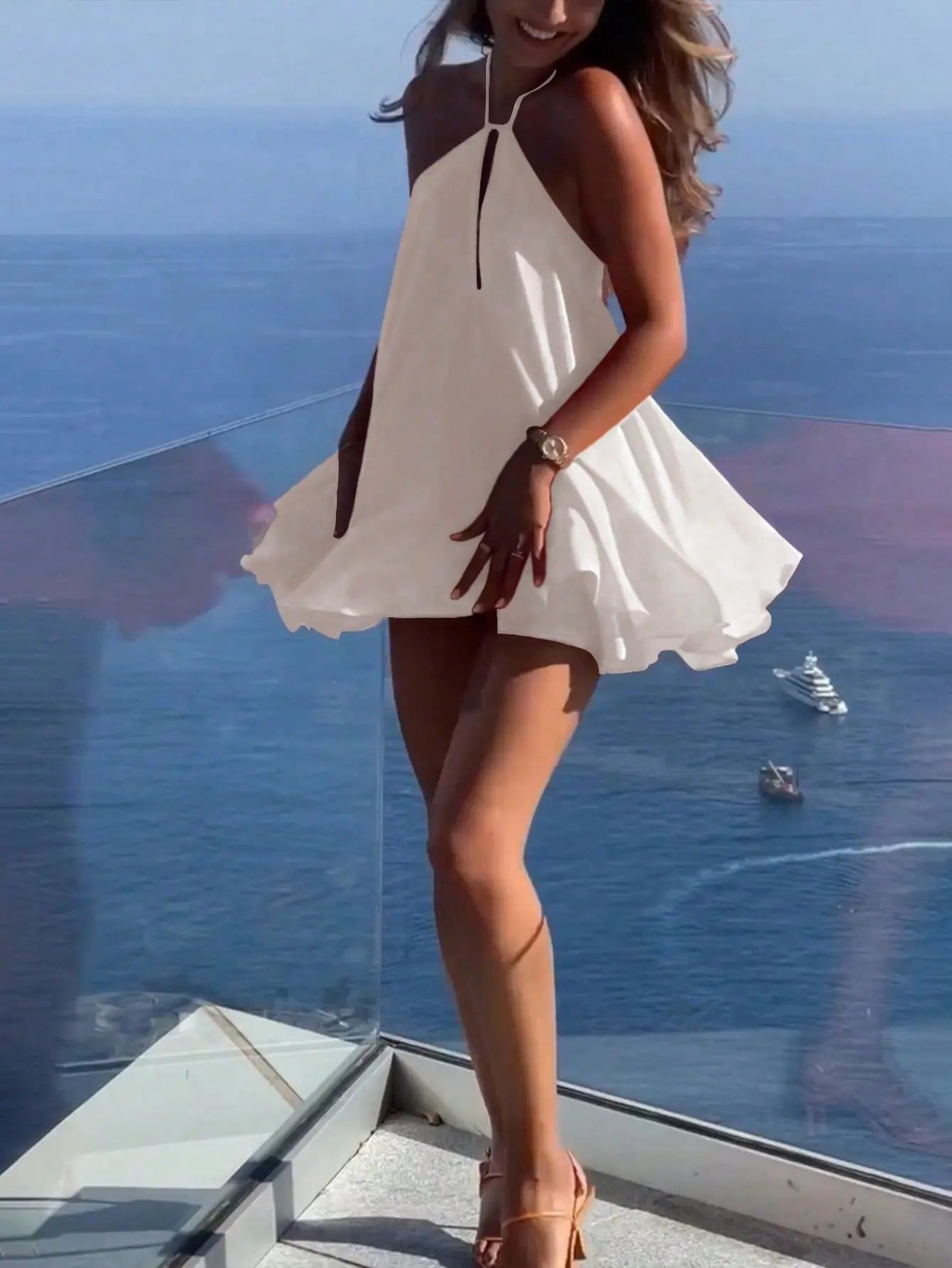 Sexy Off Shoulder Hanging Strap Loose Mini Dresses Sleeveless Hollow Out Deep V-neck Beach Dress Backless Women  Summer Vestidos