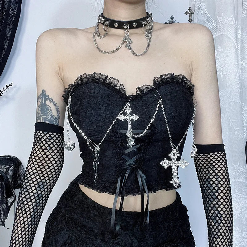 Unholy Lace Halter - Black Goth Corset Top With Cross And Red Velvet