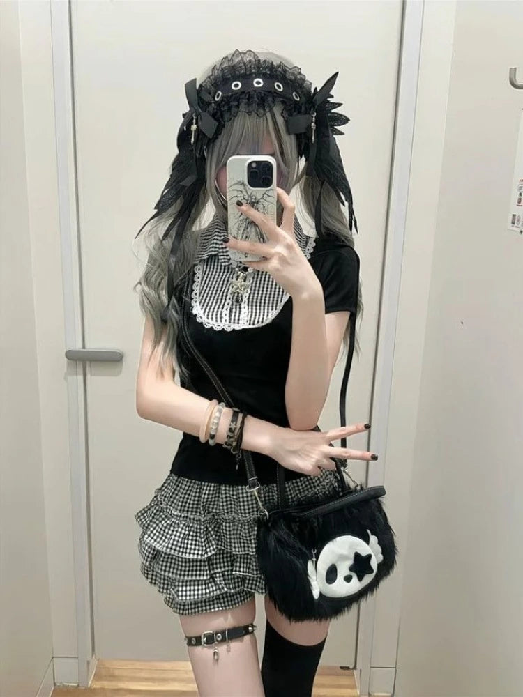Y2k Black Short Sleeve T-Shirt Vintage Retro Black White Plaid Patchwork Button Sweet Bodycon Fit Polo Top Women Casual Summer