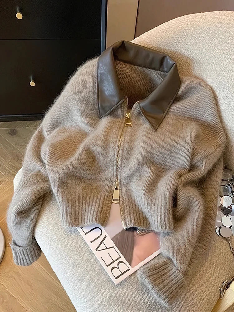 Cropped Zip Knit Bomber Cardigan