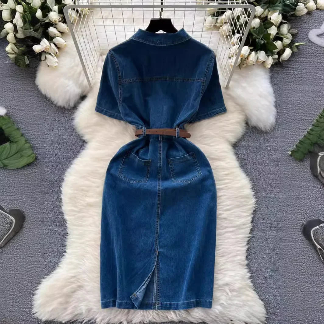 Design Sense Niche Denim Short-sleeved Dress Women. Korean Version Summer Leisure Temperament in The Long Slim-fit Shirt Dress