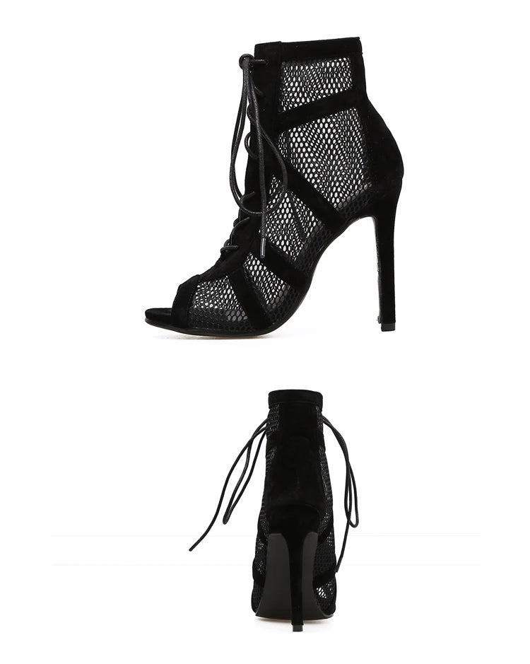 Black Sexy Lace Up Cross-tied Women Shoes Comfort High Quality Thin Heels Open Toe Dancing Sandals Ankle Strap Hollow Out Pumps