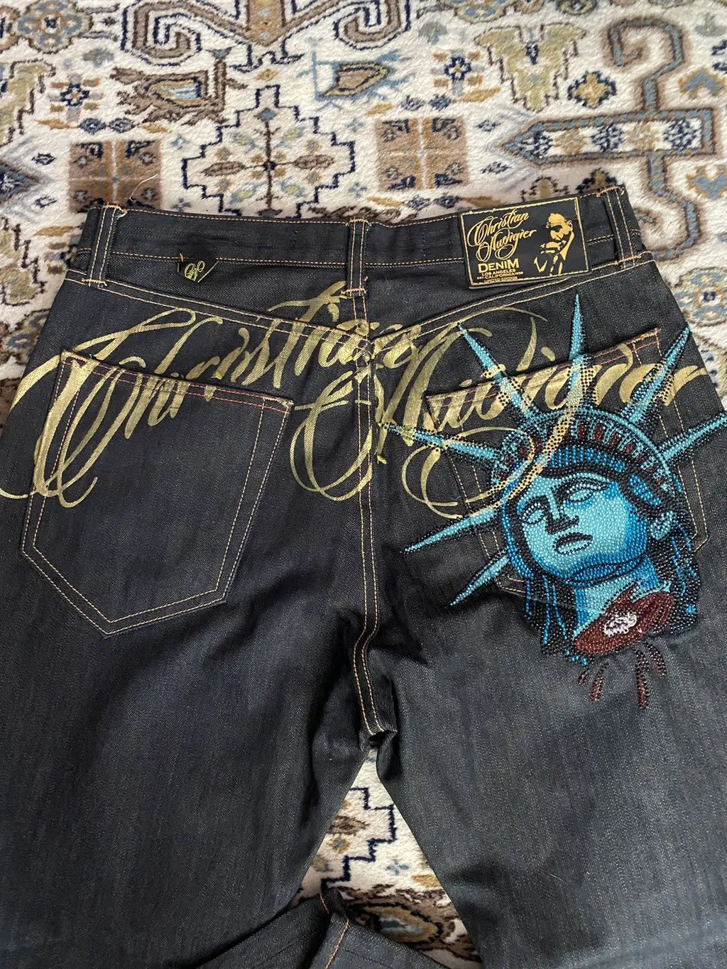 Y2K Vintage Statue of Liberty Rhinestone Jeans - High Waist Wide Leg