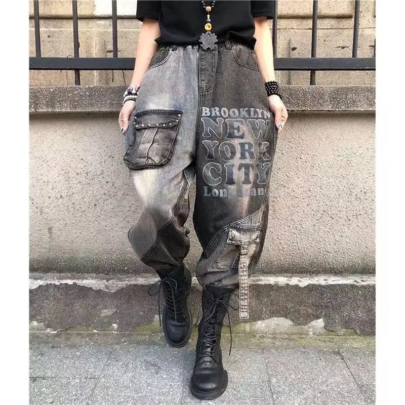 Woman Spring And Summer Harem Pants New Loose Lettering Retro Stitching Fashion Versatile Personality Casual Streetwear Jeans