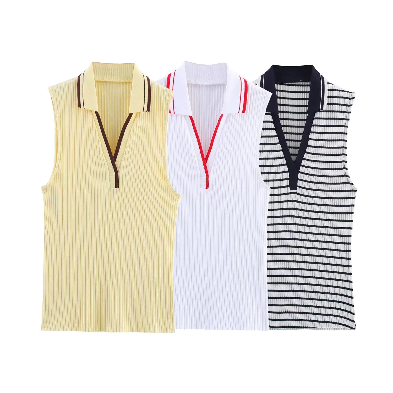 Summer New Fashion Style Ribbed Sleeveless Polo Collar T-shirt Sports Style Polo Shirt Vest Top Women's Clothing