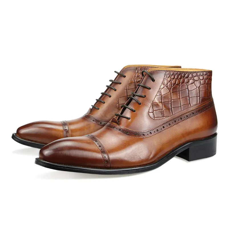 BRITISH PRINT - Men's Genuine Leather High Ankle Boots - Pointed Toe Retro Business