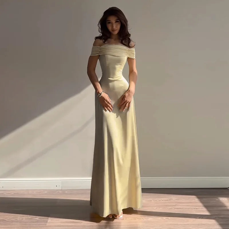 Retro Off-the-shoulder Panel Design Back Bandage Yellow Satin A-line Skirt Luxury Slim Folds Long Dress Party Prom Vestidos Robe