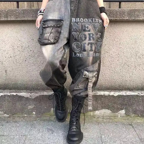 Women's Spring and Summer Harem Pants, New Loose Lettering, Retro Stitching, Fashionable, Versatile, Personality, Casual Streetwear Jeans