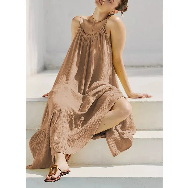 Vacation Spaghetti Strap Backless Maxi Dress for Women, Ruffle Hem Loose Crinkled Cotton Summer Beach Cami Sundress