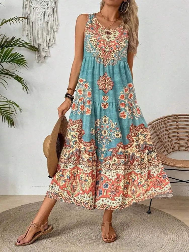 Summer print crew-neck sleeveless dress for women, suitable for casual or beach wear during holidays and extended vacations