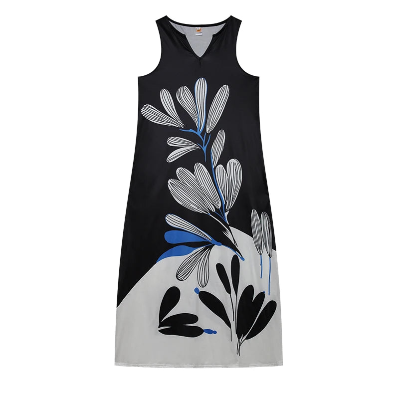 The New Sleeveless European and N Women's Dress V-neck Flower Retro Print Dress