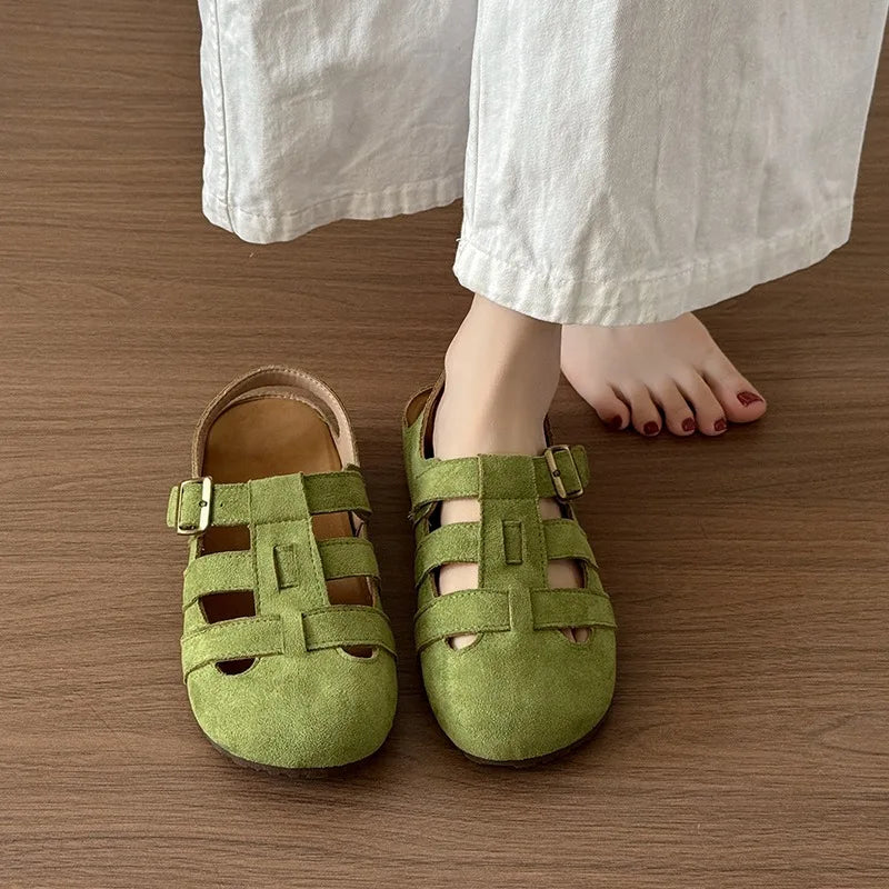 Women's Casual Round Head Flat Shoes Summer New Baotou Cow Suede Metal Buckle Soft Sole Anti-slip Wear-resistant Sandals