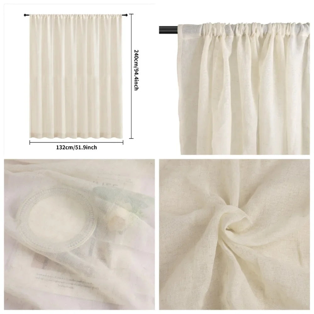 NATURAL LINEN SHEER CURTAINS - 65gsm, Rod Pocket, 5 Sizes - Soft Light