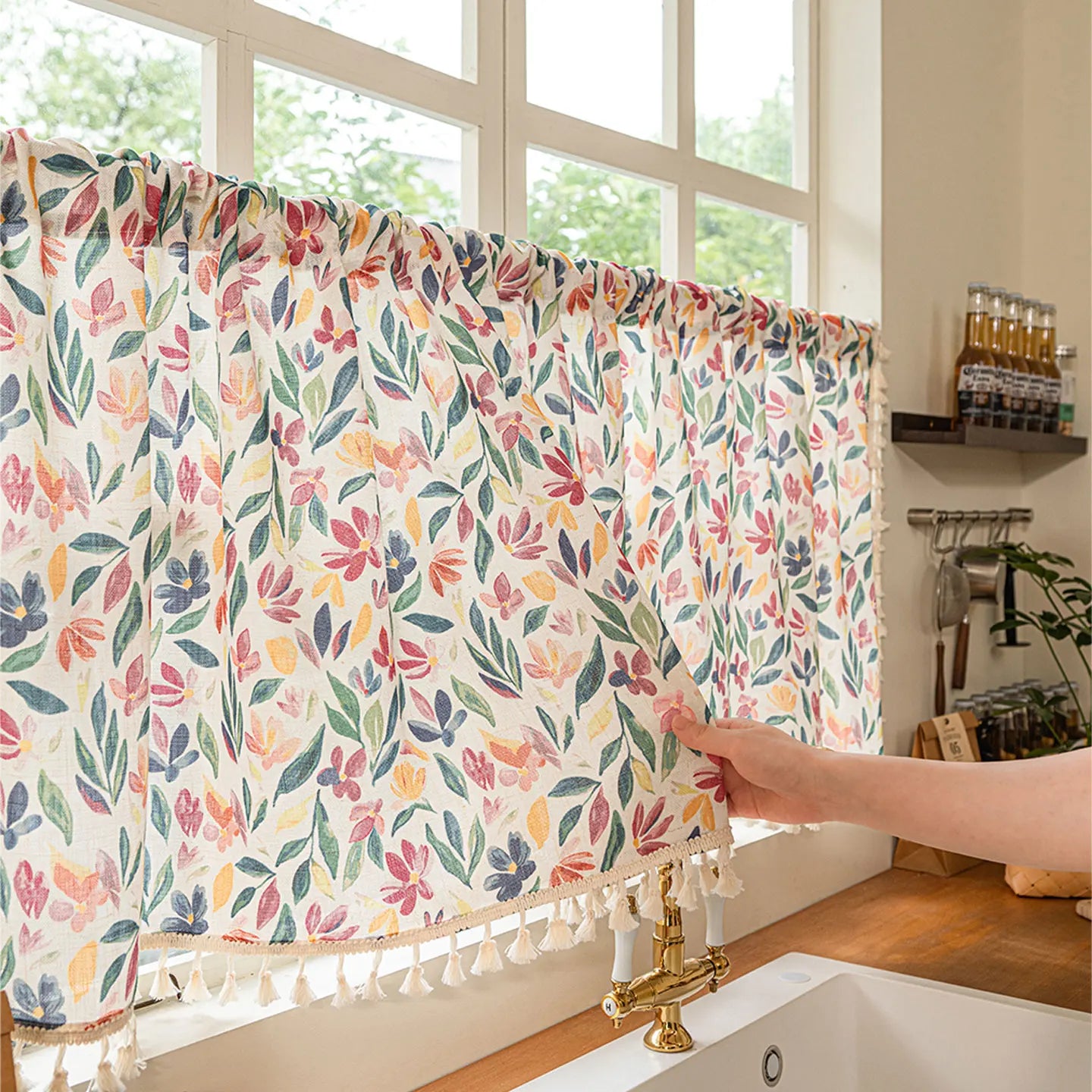 1pc Floral Print Short Curtain, Cotton Linen Semi-Sheer Coffee Curtains, Half Light Blocking Kitchen Decorative Curtains