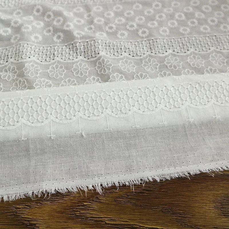 WHITE COTTON LACE FABRIC - Floral Embroidery, 130cm Wide - Elegant Sewing Cloth