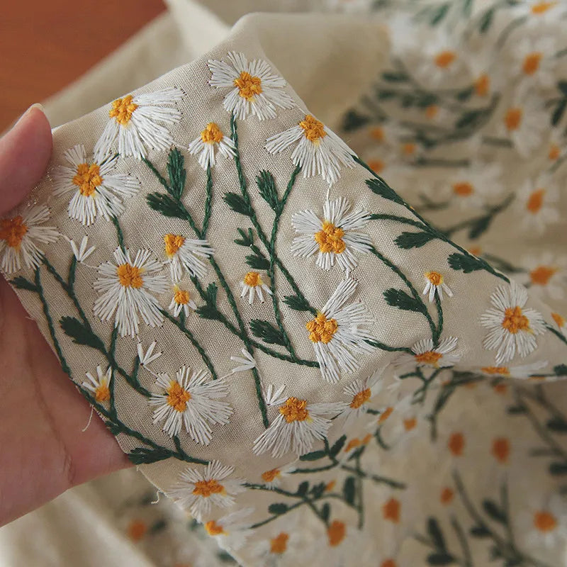 Retro Daisy Embroidery Cotton Linen Fabric – 135cm Wide