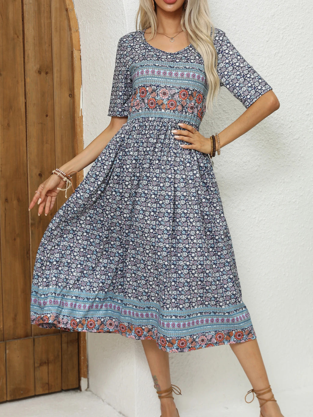 2024 Europe and America autumn ladies round neck short sleeve long skirt Bohemian print dress woman