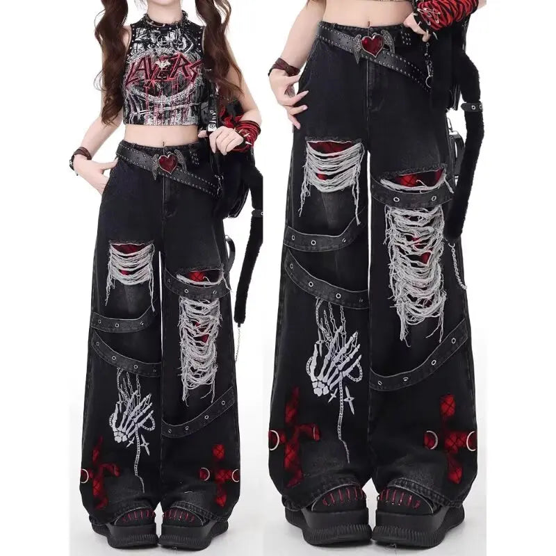 Gothic Punk Ripped Wide Leg Jeans - Spicy Girl Streetwear