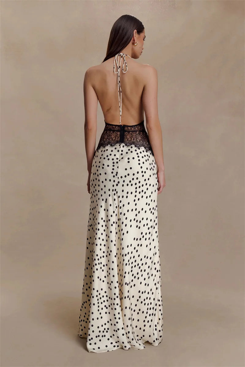 Mozision Polka Dot Backless Sexy Maxi Dress Women Gown Elegant Patchwork Lace Halter Deep V Neck Sleeveless Bodycon Club Dress