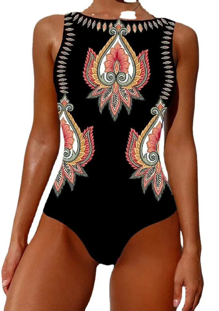 2026 New Printed One-piece Swimsuit Classic Printed Lace Up Swimsuit Women's Push Up Flower One-piece Suit Beach Wear For Female