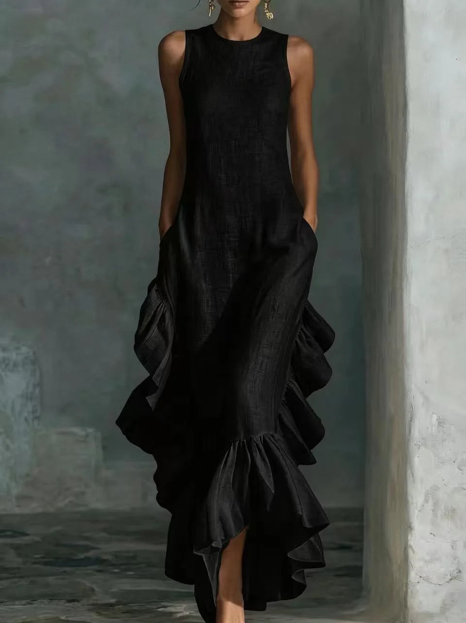 Retro Solid Sleeveless Long Dress Women 2026 Fashion O Neck Loose Maxi Dress Summer Ruffle Hem Tank Boho Beach Dress Sundress