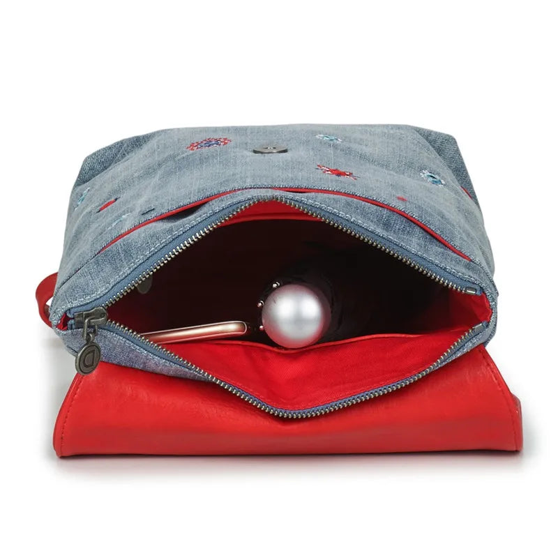 Embroidered Flap Denim Backpack