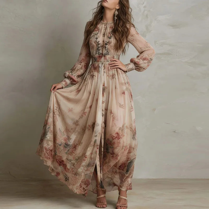 Vintage Floral Print High Waist Pleated Long Dress Woman Elegant O Neck Slim Party Dresses Spring Long Sleeve Boho Holiday Dress