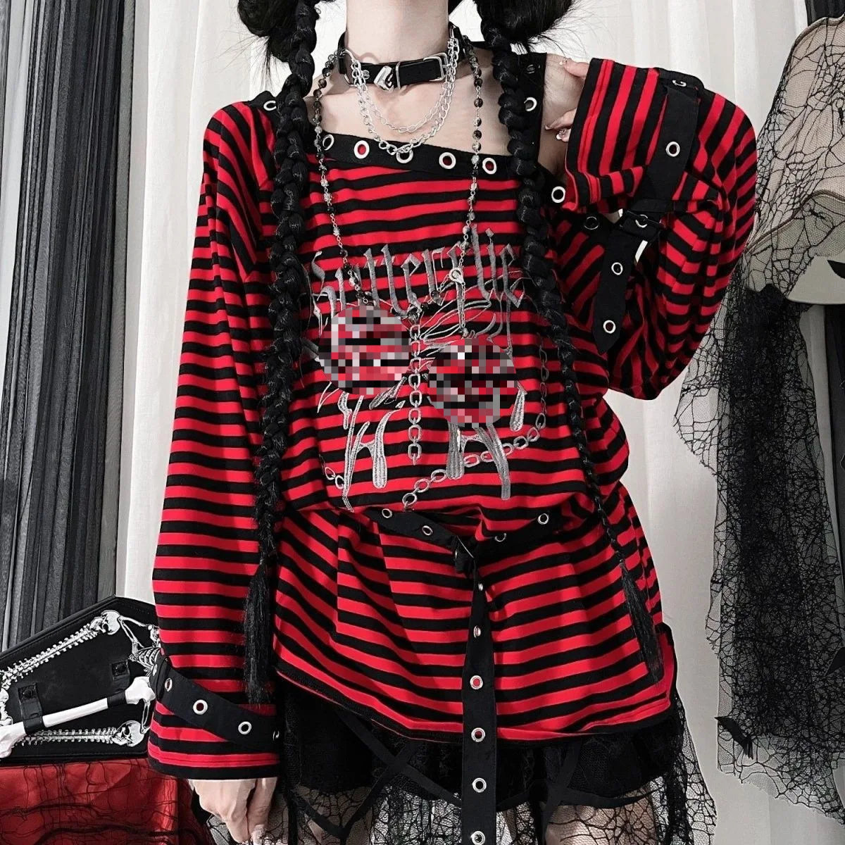 2025 New Harajuku Vintage Punk Black Blue Red Striped Tees Y2k Gothic Girls Off Shoulder Loose Butterfly Letter Long Sleeve Tops
