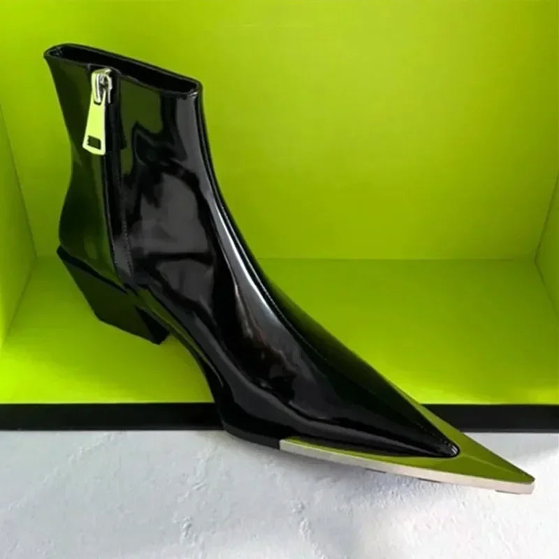 Metal Toe Chelsea Boots – Pointed Chunky Heel Side Zip