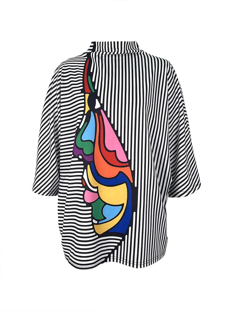UOOZEE Fashion Women Striped Printed Stand Collar T-Shirts 2025 New Spring Summer Loose Casual Going Out Korean Style Tops