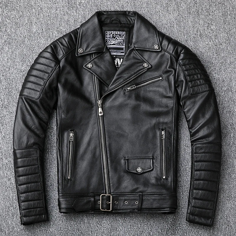 COWHIDE BIKER - Men's 100% Genuine Cowhide Leather Biker Jacket - Black, M–5XL