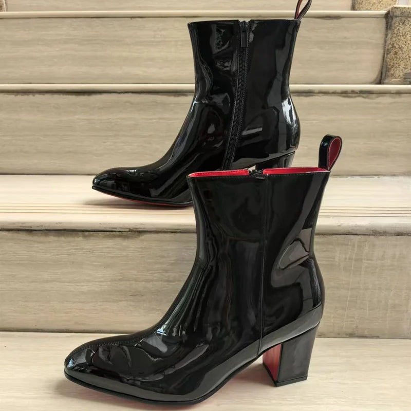 PATENT NOIR - Men's Luxury Patent Leather Chelsea Boots - Pointed Toe, Handmade, Mid-Calf