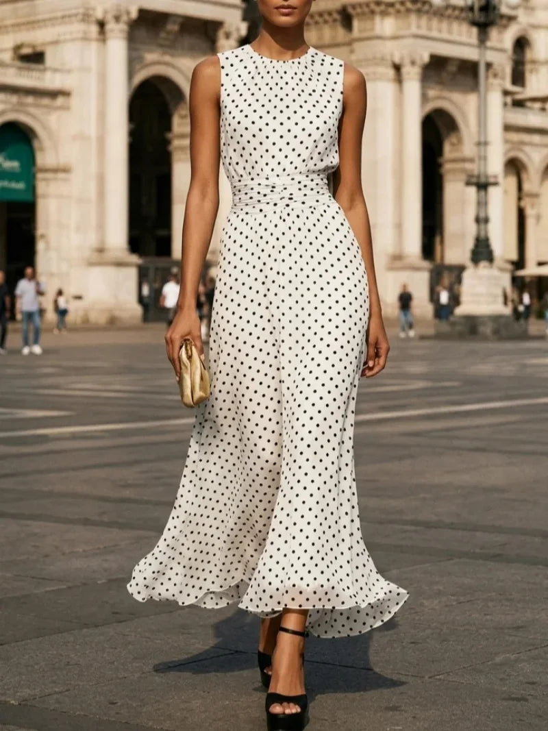 Women's Sleeveless Polka Dot A Line Chiffon Maxi Dress with Waist Tie for Summer Party