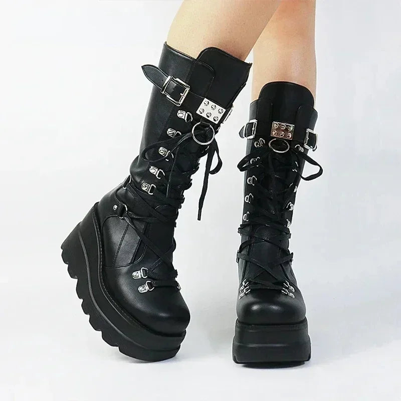 Gothic Platform Wedge Mid-Calf Boots – Buckle Strap