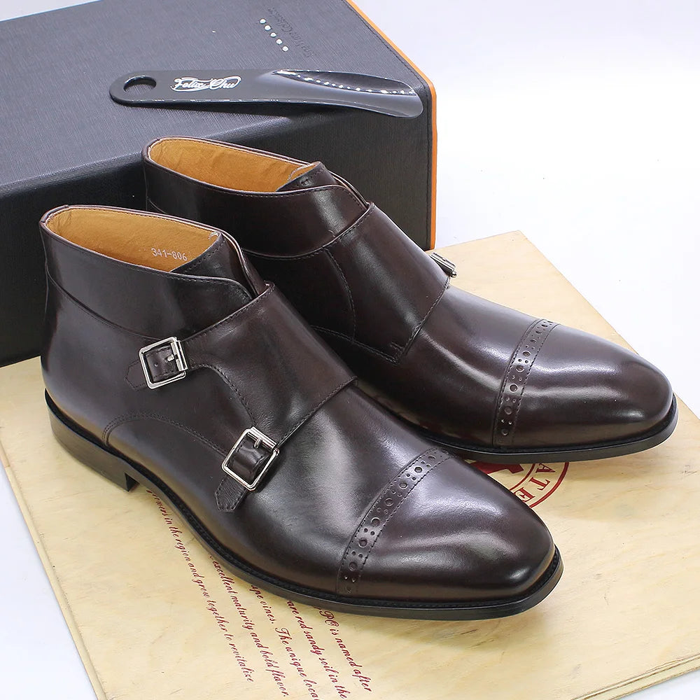 DOUBLE BUCKLE MONK STRAP BOOTS - Men's Genuine Calf Leather Ankle Boots Retro Cowboy Style - Black & Brown