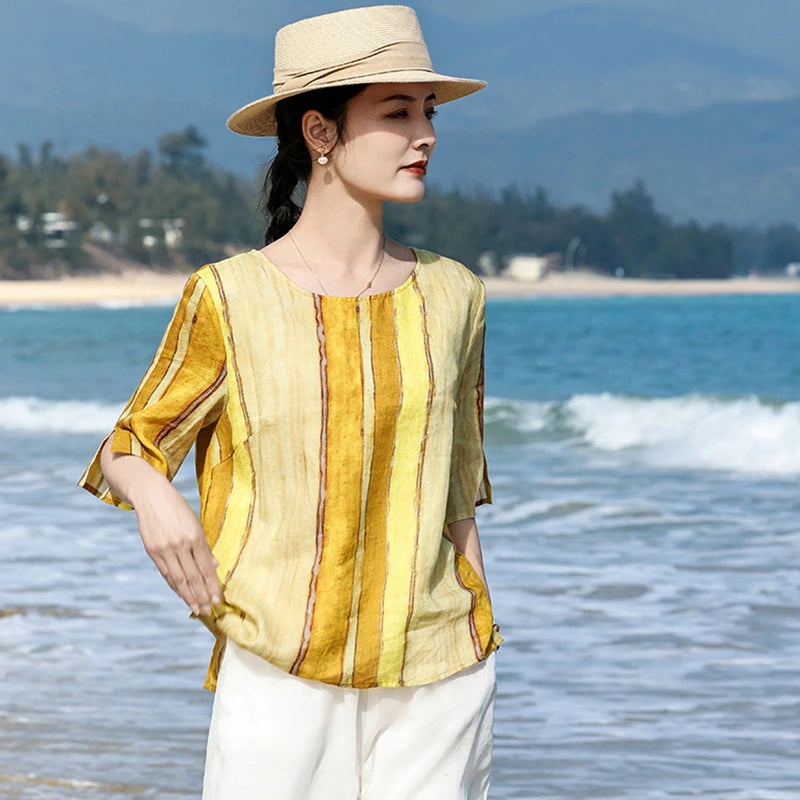 100% Linen Women Casual T-shirts New Arrival 2026 Summer O-neck Striped Loose Comfortable Female Half Sleeve Tops Tees M2571