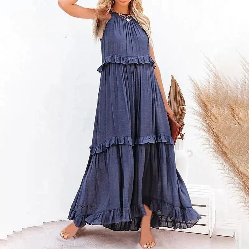 Women Casual Ruffles Long Dress 2026 Summer Elegant Sleeveless Sundress Elegant Harajuku Maxi Dress Beach Party Evening Vestido