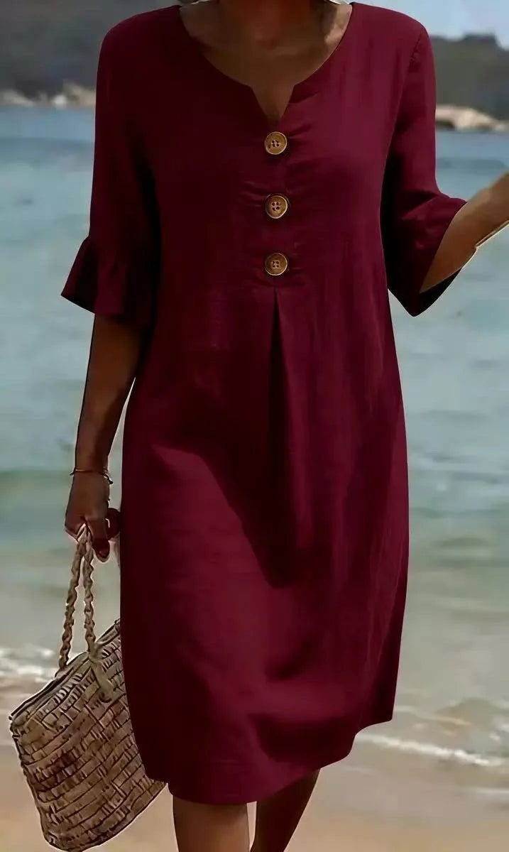 2026 Amazon European and American Cross-Border Spring and Summer New Cotton and Linen V-Neck Dress with Large Buttons and Ruffle