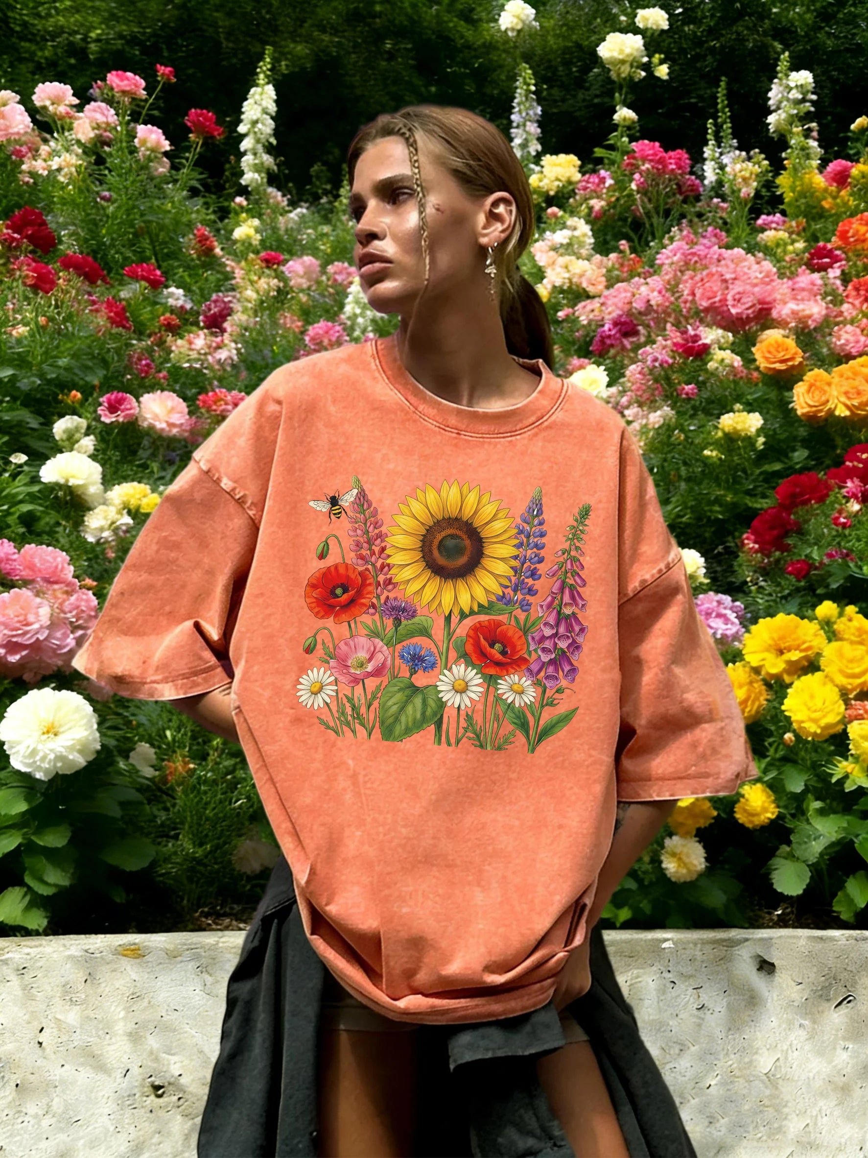 Colorful Sunflowers Beautiful Flowers Printed Washed T-Shirt Women O-Neck Cotton T Shirt Loose Clothes Vintage Summer Sportswear