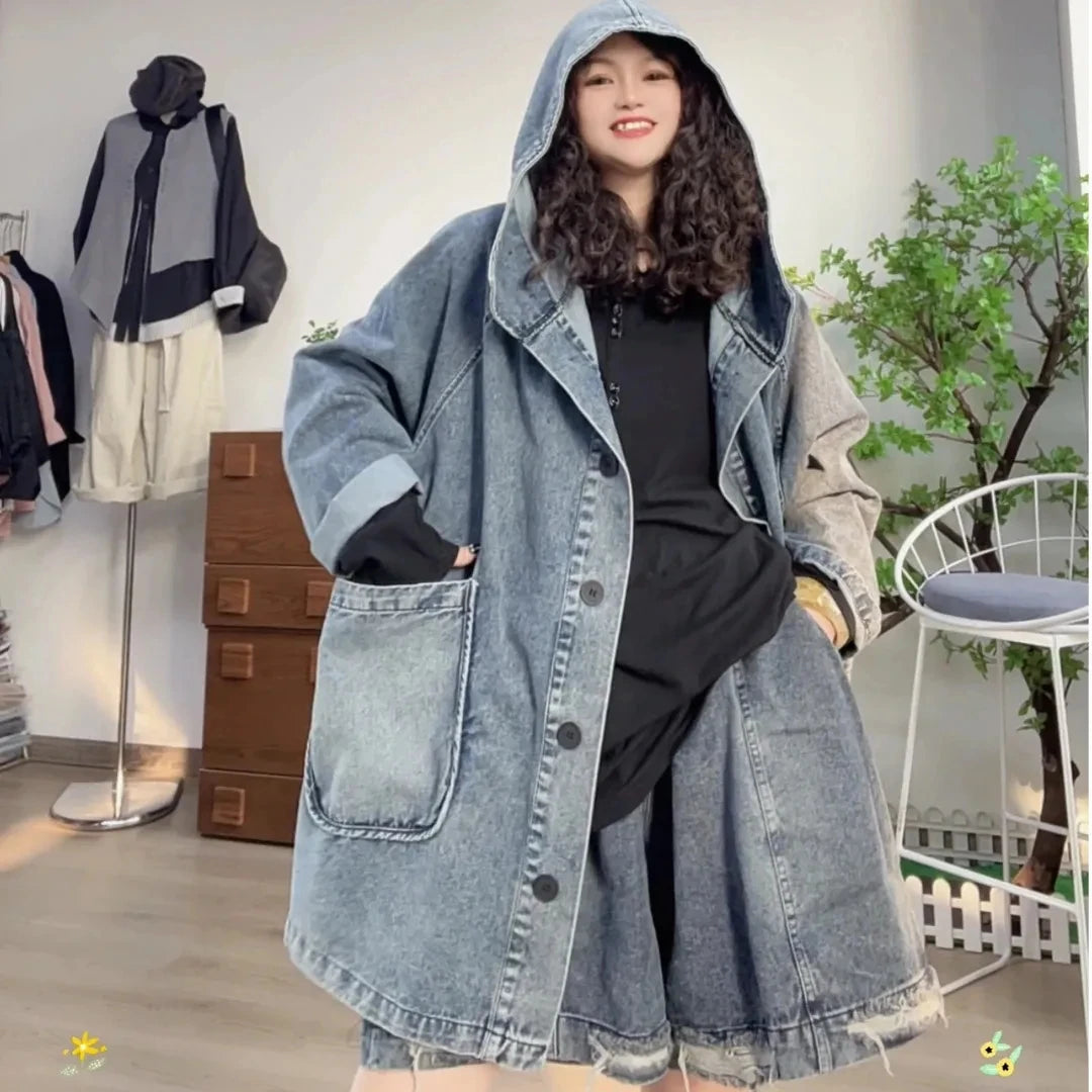 Oversized Hooded Denim Trench Coat