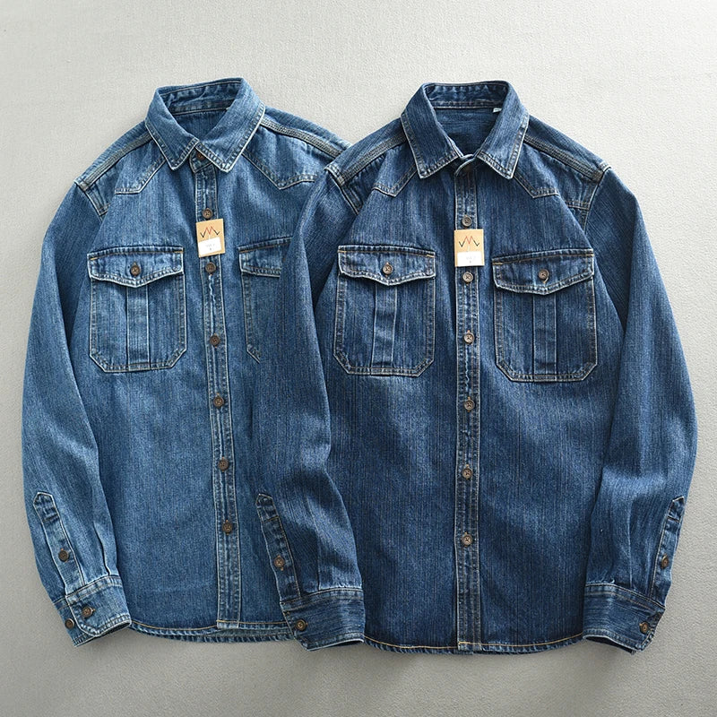 HEAVY DENIM OVERSHIRT - Men's Loose Fit Long Sleeve Cotton Shirt Turn-Down Collar Pockets - Two Colorways