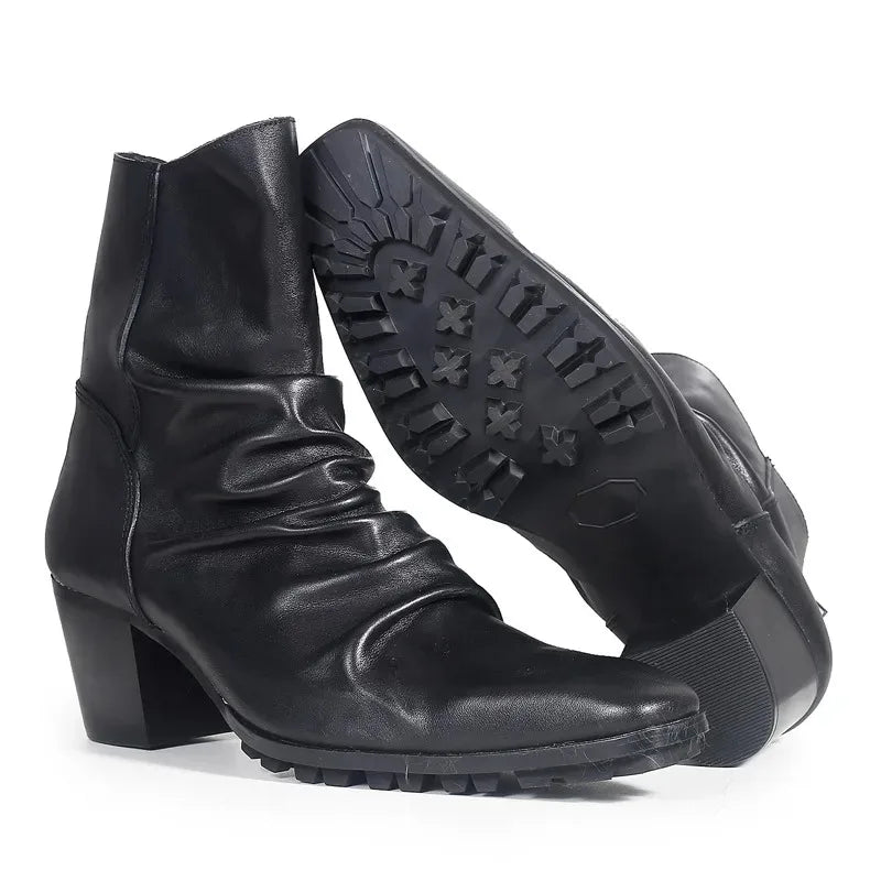 BRITISH HIGH HEEL CHELSEA BOOTS - Men's Handmade Genuine Leather Waterproof Ankle Boots Square Toe Zipper - Black