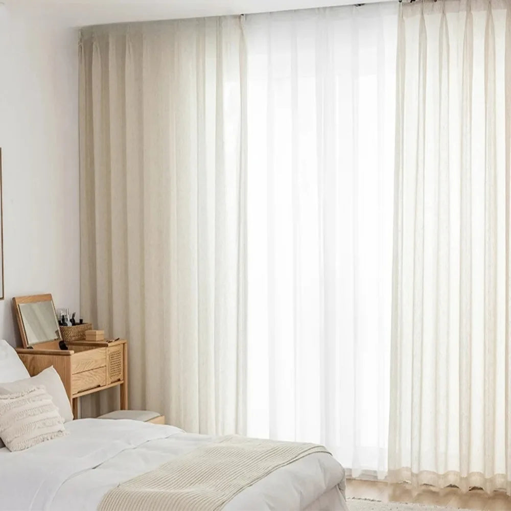 BEIGE LINEN-LOOK SHEER CURTAINS - Voile Tulle, Custom Width - Soft Light