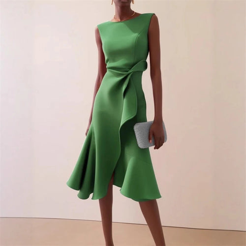 Asymmetric Ruffle Midi Dress – Sleeveless
