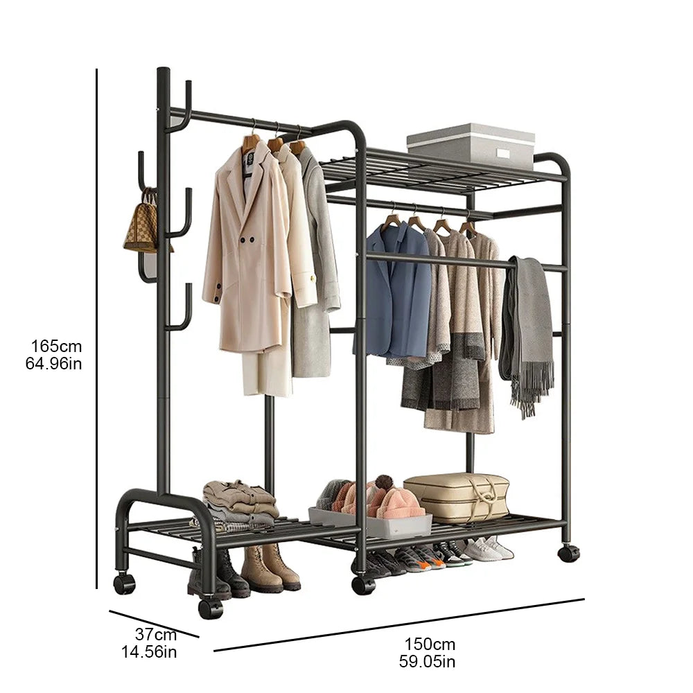 Heavy Duty Clothes Rack – Double Rod, 3 Shelves, Hooks