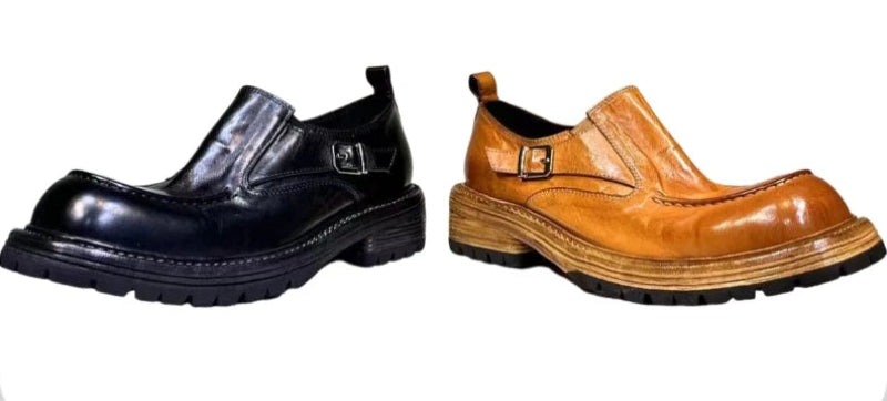 Men's Glazed Leather Monk Strap Loafers - Square Toe Slip-On Dress Shoes