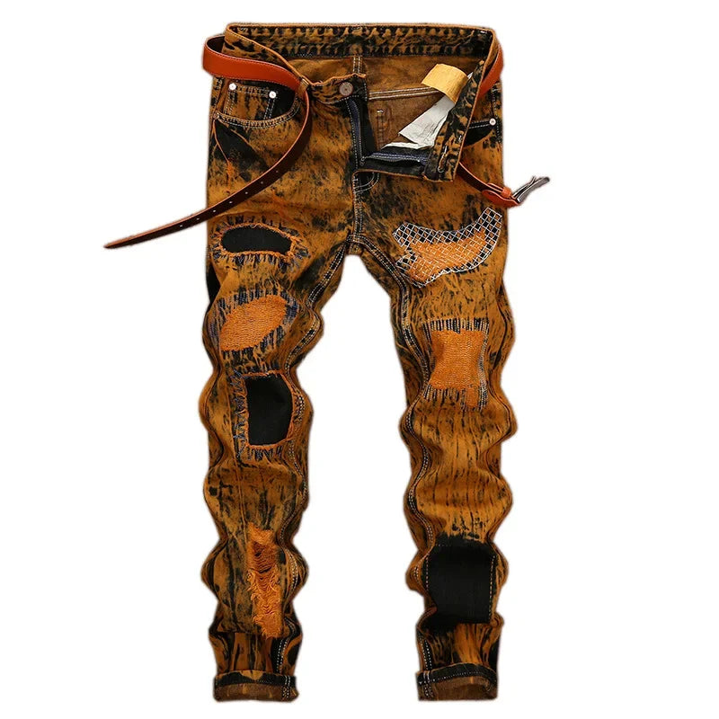 TORN APART - Men's Ripped Patchwork Slim Straight Jeans - Vintage Distressed Denim